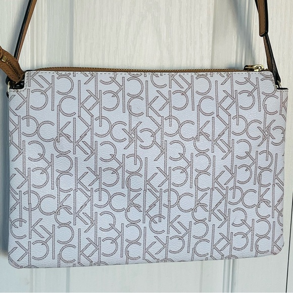 Calvin Klein Women's CK Logo Print Allover Crossbody Bag White Brown CLEAN - Picture 3 of 10